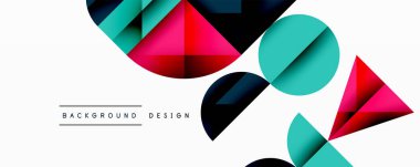Soyut geometrik şekiller örtüşür, renkli arkaplan oluşturur. Modern tasarım üçgenler, daireler, gradyanlar içerir.
