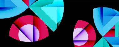 Soyut geometrik şekiller, canlı renkler, dinamik bileşim. Çemberler, üçgenler, üst üste binen formlar modern tasarım yaratır.