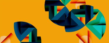 Soyut geometrik şekiller örtüşür, dinamik bileşim yaratır. Turuncu arkaplan karşısında canlı renkler. Modern tasarım elemanları.