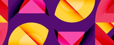 Soyut geometrik şekiller, canlı renkler, pembe, sarı, mor. Modern tasarım, üst üste binen formlar dinamik bileşim oluşturur.