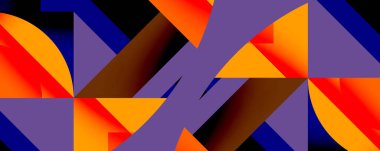 Soyut geometrik bileşim. Canlı turuncu, mor, donanma renkleri kesişiyor ve dinamik görsel doku oluşturuyor. Şekiller çakışıyor, karmaşık desenler oluşturuyor.