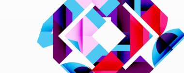 Soyut geometrik şekiller örtüşüyor, canlı renk eğimleri yaratıyor. Kompozisyon beyaz arkaplanda maviler, morlar, pembeler, kırmızılar içerir.