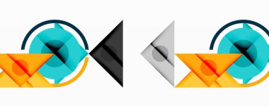 Soyut geometrik bileşim. Çemberler, üçgenler, kareler üst üste binerek modern görsel efektler yaratıyorlar. Parlak renkler nötr tonlar ile karşıtlık.