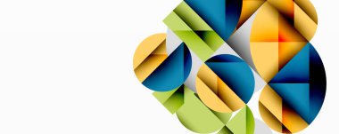 Soyut geometrik şekiller örtüşür, canlı renk bileşimi yaratır. Sarılar, yeşiller, maviler dizaynın hakimi. Minimalist stil.