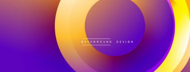 Soyut eğimler üst üste binen çemberler oluşturur. Mor, sarı renkler kompozisyona hakim. Metin, arkaplan tasarımını merkezden okur.