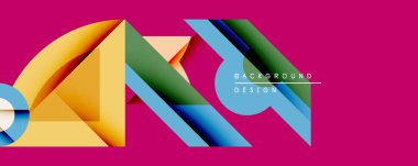 Soyut geometrik bileşim. Üst üste binen şekiller dinamik görsel efekt yaratır. Parlak renkler morumsu arka plana karşı kontrasttır. Arka planlar için modern tasarım ögesi.