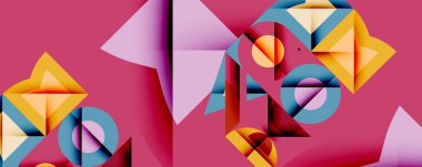 Soyut geometrik bileşim. Üst üste binen şekiller, dinamik görsel ilgi yaratır. Pembe arka plan canlı sarı, mavi ve lavanta elementleri vurgular. Modern tasarım.