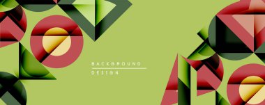 Soyut geometrik bileşim. Üst üste binen şekiller dinamik görsel efekt yaratır. Kırmızı, yeşil, siyah renkler soluk sarı arkaplana hakim. Modern tasarım ögesi.