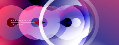 Soyut akışkan şekiller, daireler, gradyanlar modern arkaplan oluşturur. Mor, mavi renkler kompozisyona hakim. Minimalist tasarım.