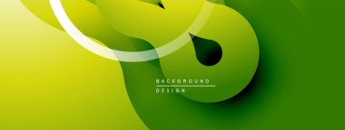 Soyut yeşil arkaplan. Üst üste binen katmanlar dinamik akış yaratır, kıvrımlı şekiller, damlacık elementler, ince gradyanlar. Modern tasarım.