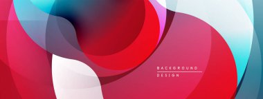 Soyut sıvı şekilleri örtüşür ve canlı renk değişimleri yaratır. Kırmızı, mavi, beyaz renkler kompozisyona hakim. Modern tasarım ögesi.