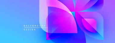 Soyut tasarım canlı mavi, mor renkler içerir. Üst üste binen şekiller dinamik görsel efekt yaratır. Modern, temiz estetik.