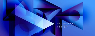 Soyut geometrik şekiller örtüşüyor, canlı mavi gradyanlar yaratıyor. Modern tasarım dinamik hareket ve gösterişli sunum öneriyor.