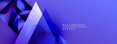 Soyut geometrik şekiller örtüşerek dinamik mavi gradyan arkaplan oluşturur. Modern tasarım elementleri teknoloji ve yenilik öneriyor.