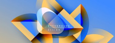 Soyut geometrik şekiller örtüşüyor, canlı renk eğimleri yaratıyor. Mavi, turuncu, sarı renkler tasarımda baskın. Modern estetik.