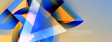 Soyut geometrik şekiller örtüşüyor, canlı renk eğimleri yaratıyor. Tasarım mavi, turuncu, sarı ve şeffaf efektlere sahiptir. Modern estetik.