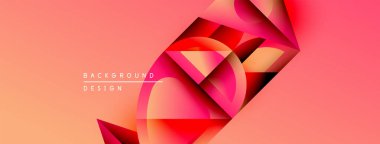 Soyut geometrik şekiller örtüşüyor, canlı kırmızı turuncu gradyan oluşturuyor. Arkaplanda metin arkaplan tasarımı var. Modern, dinamik kompozisyon.