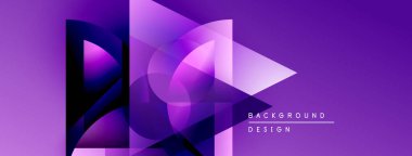 Soyut mor tasarım üst üste binen geometrik şekiller içerir. Renkler derinlik yaratır, modern estetik. Mevcut en küçük metin.