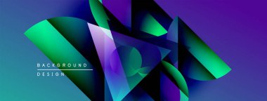 Soyut geometrik şekiller örtüşür, canlı gradyanlar yaratır. Mavi, yeşil, mor renkler tasarımda baskın. Modern estetik.
