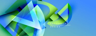 Soyut geometrik şekiller örtüşüyor, dinamik mavi, yeşil gradyanlar yaratıyor. Modern tasarım hareket, enerji ve yenilik öneriyor. Arkaplanda metin ögeleri.