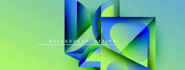 Soyut geometrik şekiller örtüşür, canlı gradyanlar yaratır. Yeşil, mavi renkler tasarıma hakim, modern estetiğe işaret ediyor. Metin arkaplan tasarımı okur.