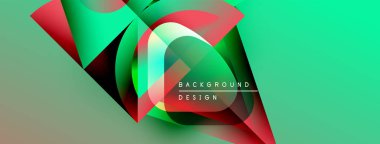 Soyut geometrik şekiller örtüşüyor, canlı yeşil, kırmızı, mavi gradyanlar yaratıyor. Modern tasarım elementleri dinamik bileşimi önerir.