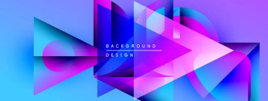 Soyut geometrik şekiller örtüşür, parlak mavi, pembe ve mor renkler yaratır. Modern tasarım elementleri dinamik enerji, görsel cazibe.