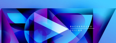 Soyut geometrik şekiller, canlı maviler, morlar dinamik arkaplan oluşturur. Modern tasarım elementleri teknoloji ve yenilik öneriyor.