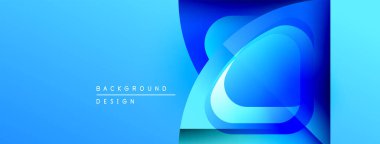 Parlak mavi soyut arkaplan. Üst üste binen şekiller dinamik görsel efekt yaratır. Dijital projeler için modern tasarım.