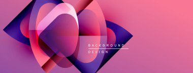Soyut pembe mor tasarım. Üst üste binen şekiller dinamik görsel efekt yaratır. Çeşitli projeler için modern gradyan arkaplan.