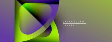 Soyut tasarım özellikleri üst üste binen renkli şekiller. Gradyan renkler mor, yeşil ve gri renkleri harmanlıyor. Minimalist estetik, modern arkaplan ögesi.