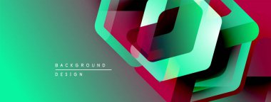 Soyut geometrik şekiller örtüşür, canlı gradyanlar yaratır. Teal, mor, yeşil renkler tasarımda baskın. Modern, dinamik kompozisyon.