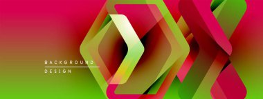 Soyut geometrik şekiller örtüşür, canlı bir gradyan arkaplan oluşturur. Kırmızı, yeşil, sarı renkler tasarımda baskın. Modern estetik.