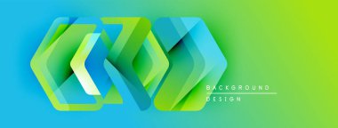 Soyut geometrik şekiller örtüşerek canlı mavi-yeşil gradyan arkaplan oluşturur. Dijital projeler için modern tasarım ögesi.