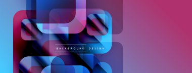 Soyut geometrik şekiller örtüşür, canlı gradyanlar yaratır. Mavi, mor, pembe renkler dizaynın hakimi. Modern estetik.