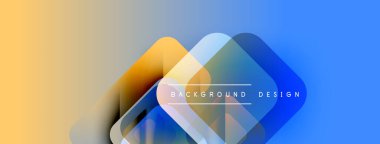 Soyut geometrik şekiller örtüşür, canlı bir gradyan arkaplan oluşturur. Mavi, turuncu renkler tasarıma egemen, modern estetik.