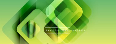 Soyut geometrik şekiller örtüşür, canlı yeşil gradyan arkaplan oluşturur. Modern tasarım öğeleri yenilik ve tazelik öneriyor.