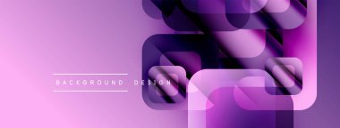 Soyut geometrik şekiller üst üste biniyor, dinamik mor, pembe gradyan oluşturuyor. Modern tasarım elementleri yenilik ve teknoloji öneriyor.