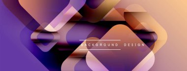 Soyut geometrik şekiller örtüşüyor, canlı mor, turuncu renkler yaratıyor. Modern tasarım elementleri akıcılık ve derinlik öneriyor.