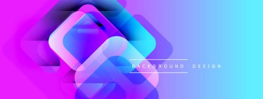 Soyut geometrik şekiller çakışıyor. Canlı mor, mavi gradyan modern arkaplan yaratır. Metin arkaplan tasarımı okur.
