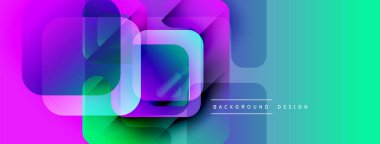Soyut geometrik şekiller çakışıyor. Canlı mor, turkuaz, yeşil gradyanlar dinamik görsel efekt yaratır. Modern tasarım ögesi.