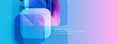 Soyut geometrik şekiller örtüşür, parlak mavi, mor ve pembe renkler yaratır. Arkaplan ve sunumlar için modern tasarım ögesi.