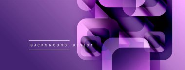 Mor soyut tasarım. Üst üste binen yuvarlak kareler dinamik görsel efekt yaratır. Metin arka plan tasarımı okur. Modern, minimalist stil.
