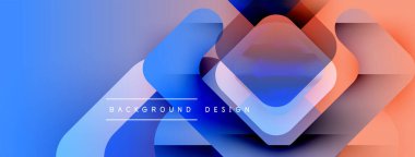 Soyut geometrik şekiller çakışıyor. Mavi, turuncu gradyanlar modern tasarım yaratır. Metin arka plan tasarımı okur. Minimalist estetik.