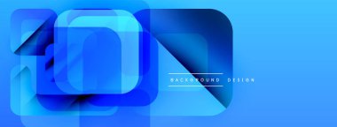 Soyut mavi şekiller modern tasarım yaratarak örtüşüyor. Parlak gradyanlar, temiz çizgiler, minimalist estetik. Arkaplanda metin ögeleri.