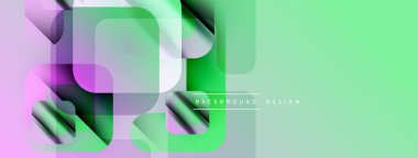 Soyut geometrik şekiller örtüşüyor, canlı yeşil, mor renkler yaratıyor. Modern tasarım elementleri dijital sanatı, pürüzsüz geçişleri öneriyor.