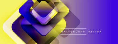 Soyut geometrik şekiller çakışıyor. Sarı, mor renkler dinamik görsel efekt yaratır. Modern tasarım elementleri parlak estetik sunar.