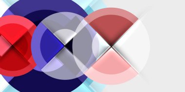 Üst üste binen daireler, kareler, canlı renkler içeren soyut kompozisyon. Eğilimleri, gölgeleri ve siyah arkaplanı olan minimalist tasarım.