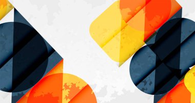 Soyut geometrik şekiller çakışıyor. Turuncu, sarı, donanma renkleri beyaz desenli arka plana hakim. Modern tasarım elemanları.