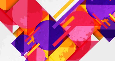 Soyut geometrik bileşim. Üst üste binen şekiller, canlı renkler, dinamik düzenleme. Modern tasarım, kalın zıtlıklar, görsel enerji.